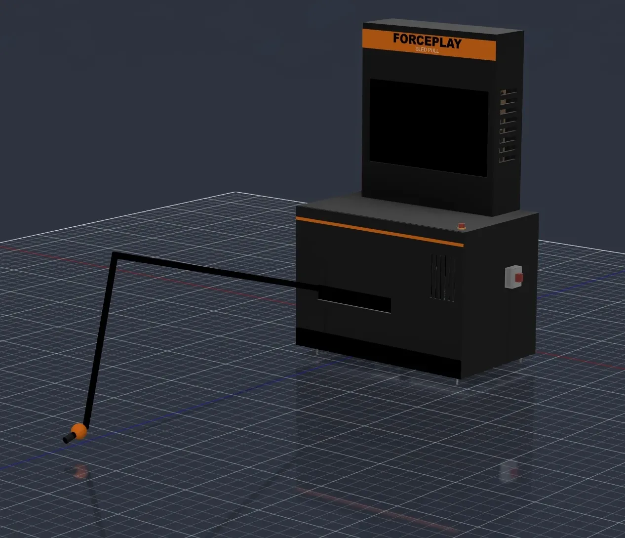 3D design of the ForcePlay Sled Pull: cabinet with screen, rope and handle