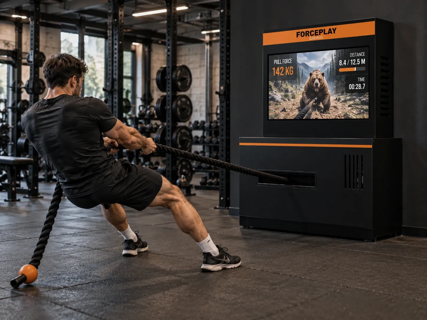 Concept image of the ForcePlay Sled Pull: an athlete pulls the rope while the screen shows pull force, distance and time